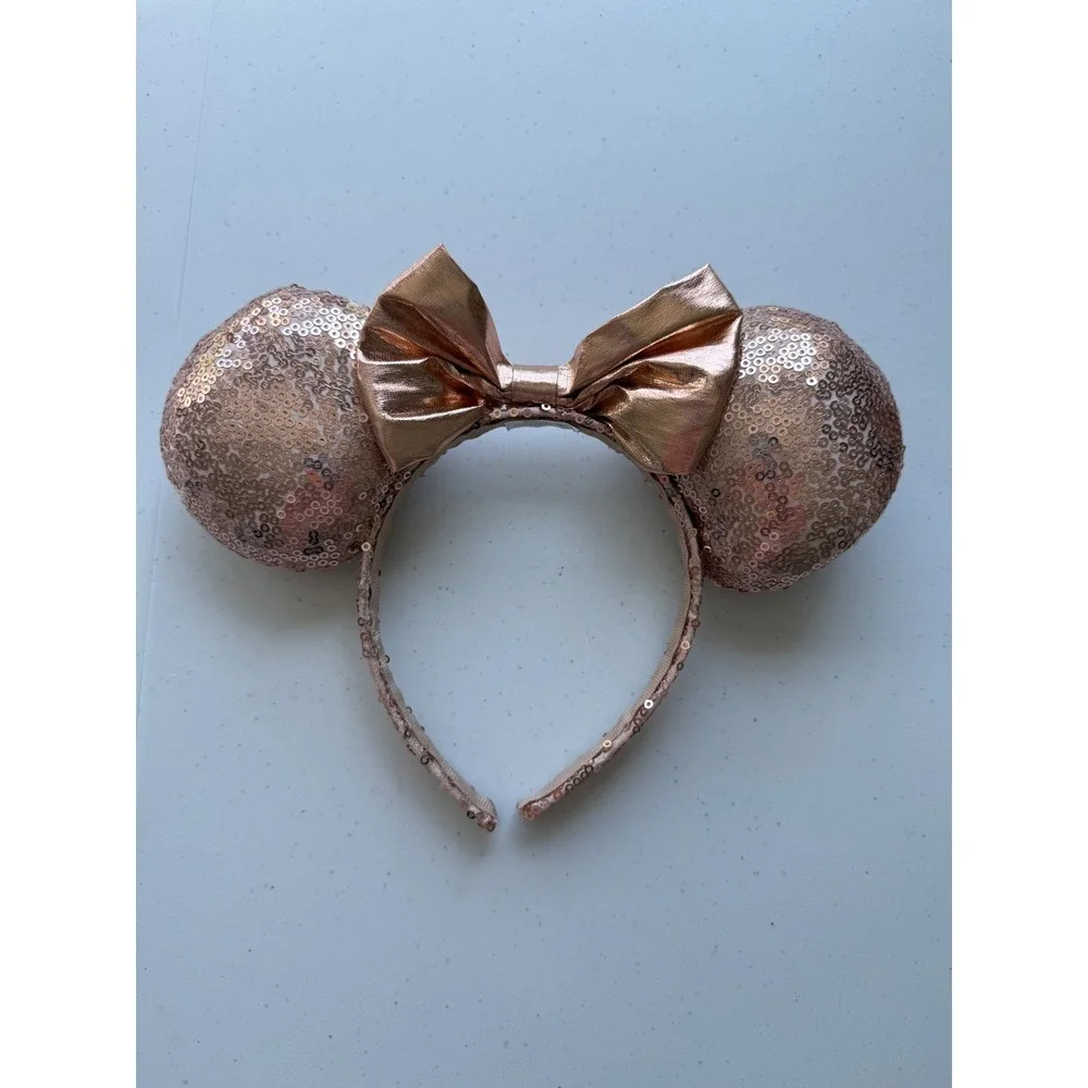 Disney Parks Minnie Mouse Rose Gold Sequin Ears Headband Metallic Bow Accessory